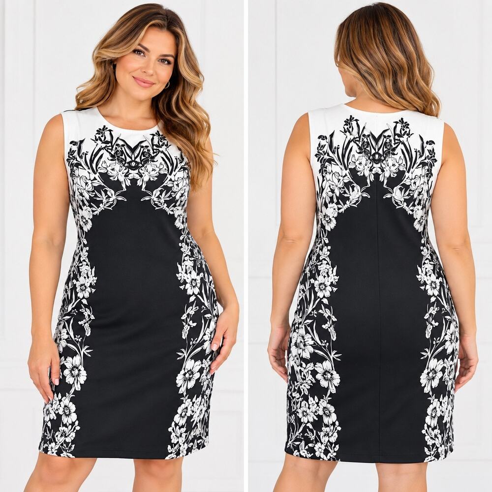 Apt 9 XL Black White Floral Print Sleeveless Sheath Dress Pullover Capped Sleeve
